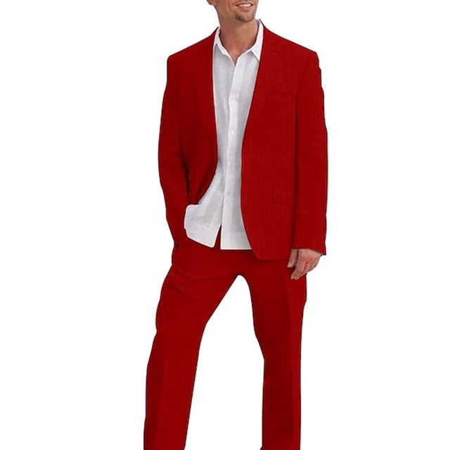 Costumes 2 Pièces en Lin de Couleur Unie à Simple Boutonnage et Deux Boutons pour Hommes, Coupe Ajustée
