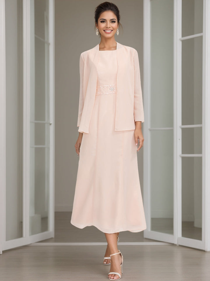 Gaine/Colonne Collier Bijou Tea Length Robes Mère de La Mariée avec veste & Perles