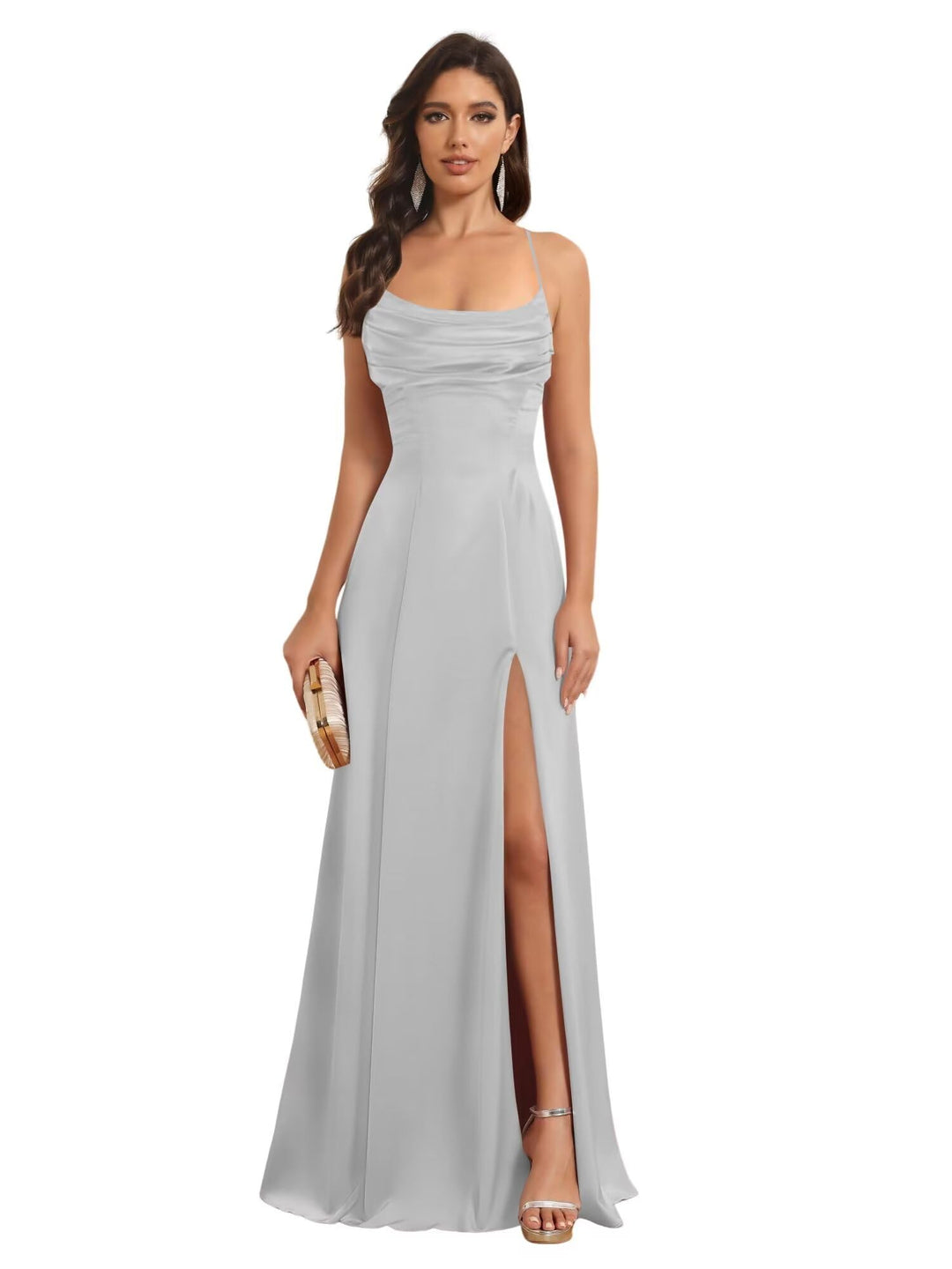 Ligne A Bretelles Spaghetti Sans Manches Floor Length Robes de Demoiselle d'Honneur Satin avec Split Slide