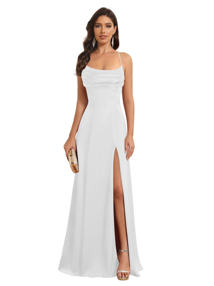 Ligne A Bretelles Spaghetti Sans Manches Floor Length Robes de Demoiselle d'Honneur Satin avec Split Slide