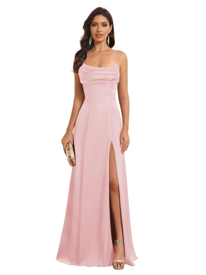 Ligne A Bretelles Spaghetti Sans Manches Floor Length Robes de Demoiselle d'Honneur Satin avec Split Slide