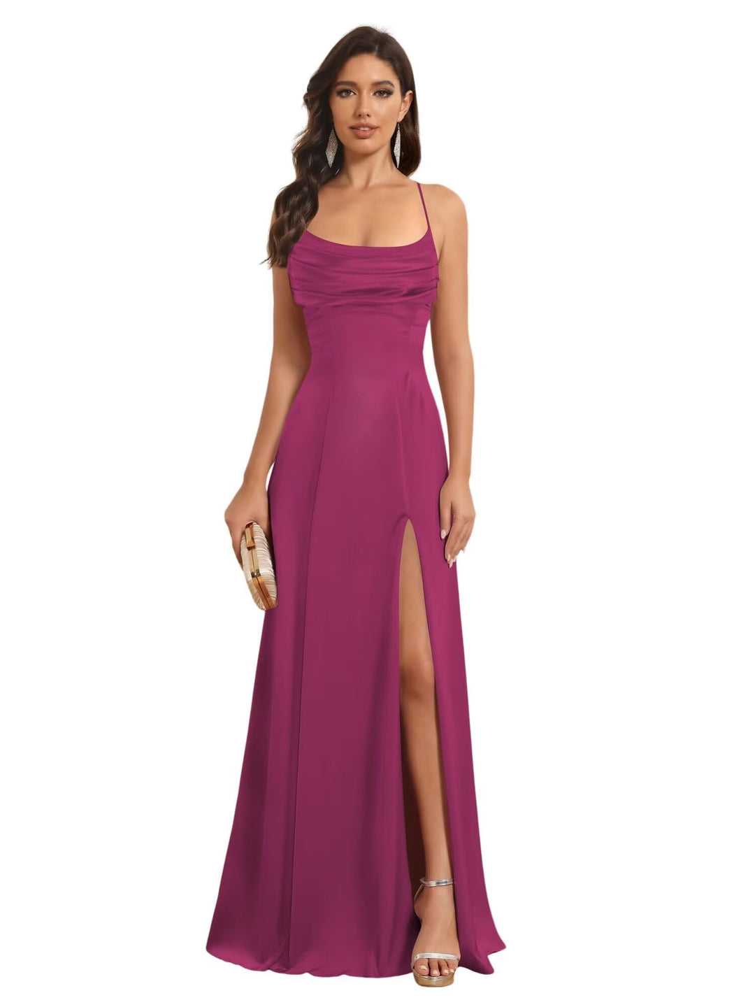 Ligne A Bretelles Spaghetti Sans Manches Floor Length Robes de Demoiselle d'Honneur Satin avec Split Slide