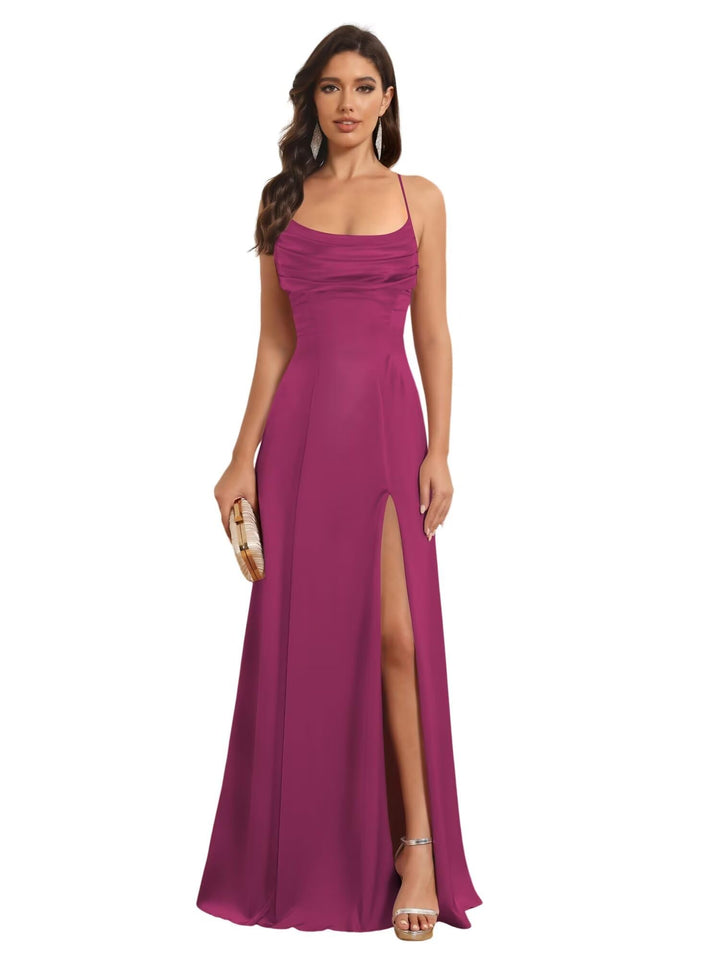 Ligne A Bretelles Spaghetti Sans Manches Floor Length Robes de Demoiselle d'Honneur Satin avec Split Slide