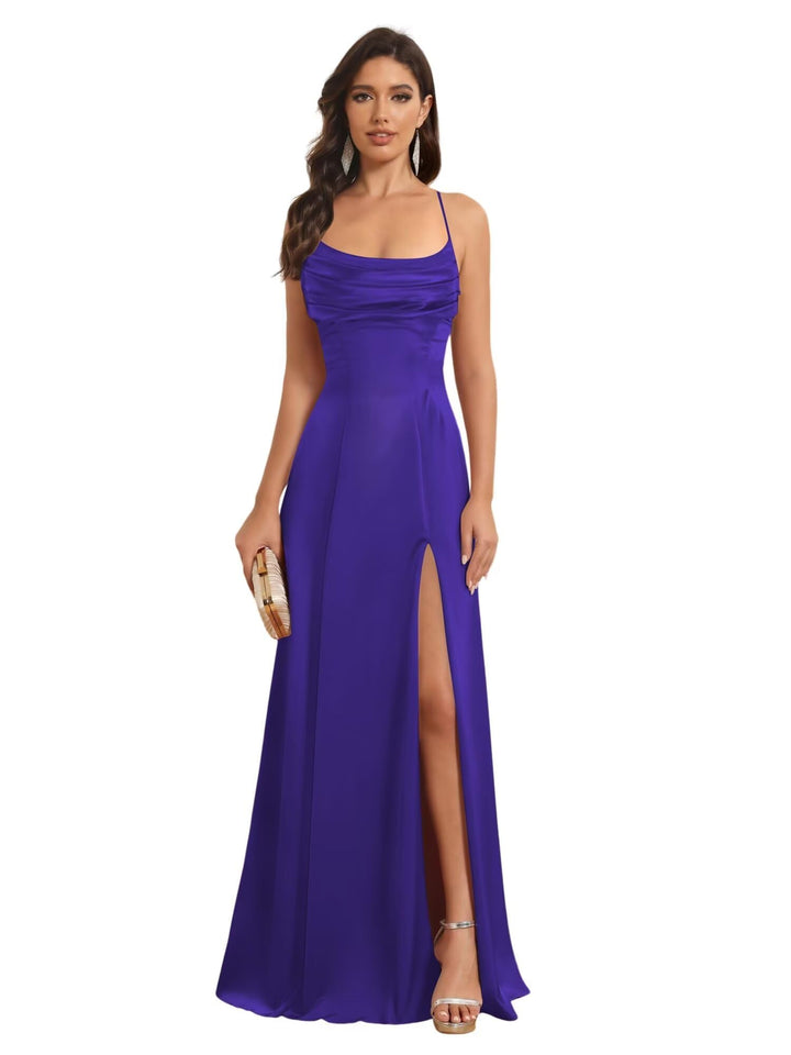 Ligne A Bretelles Spaghetti Sans Manches Floor Length Robes de Demoiselle d'Honneur Satin avec Split Slide