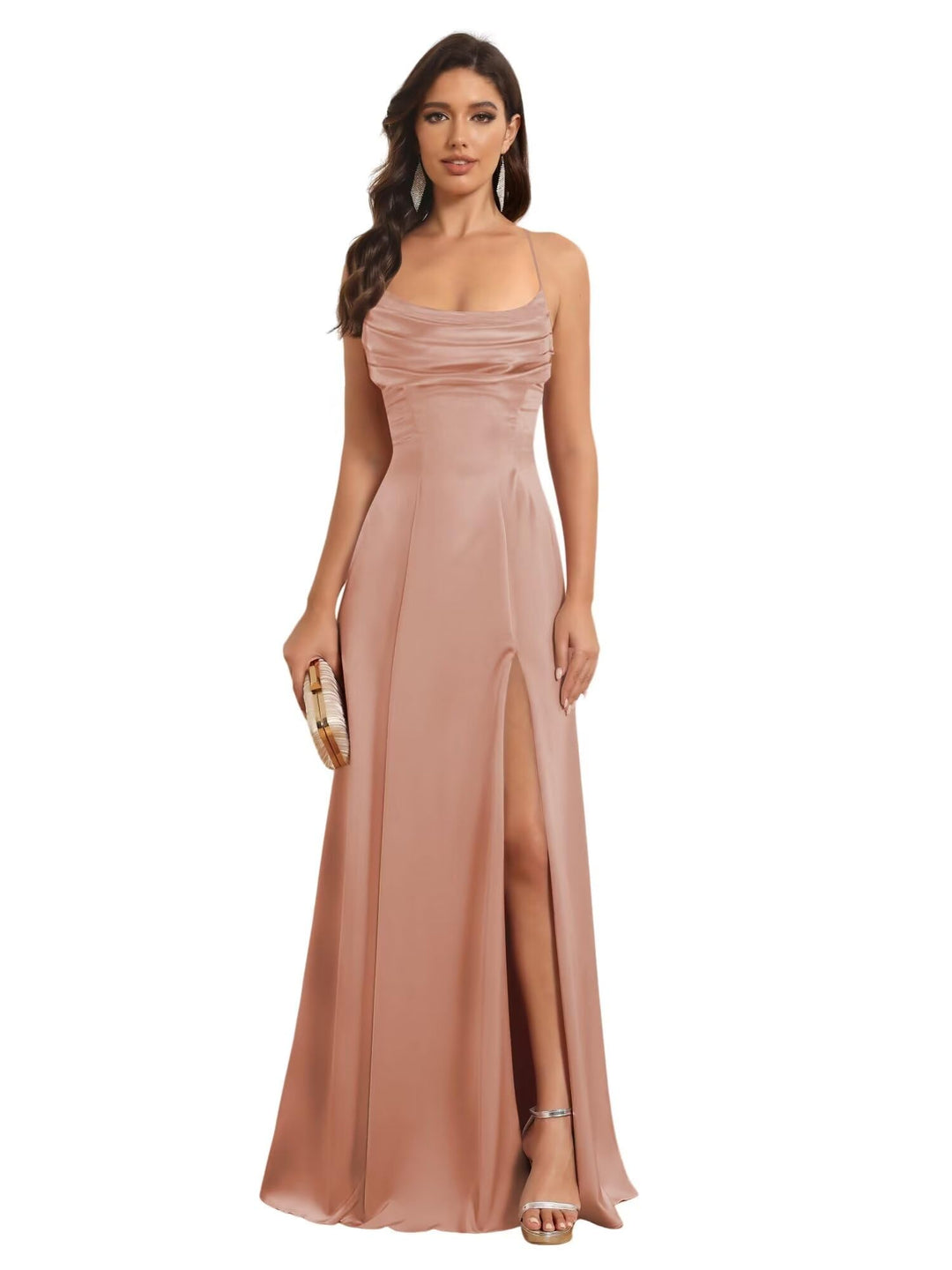 Ligne A Bretelles Spaghetti Sans Manches Floor Length Robes de Demoiselle d'Honneur Satin avec Split Slide