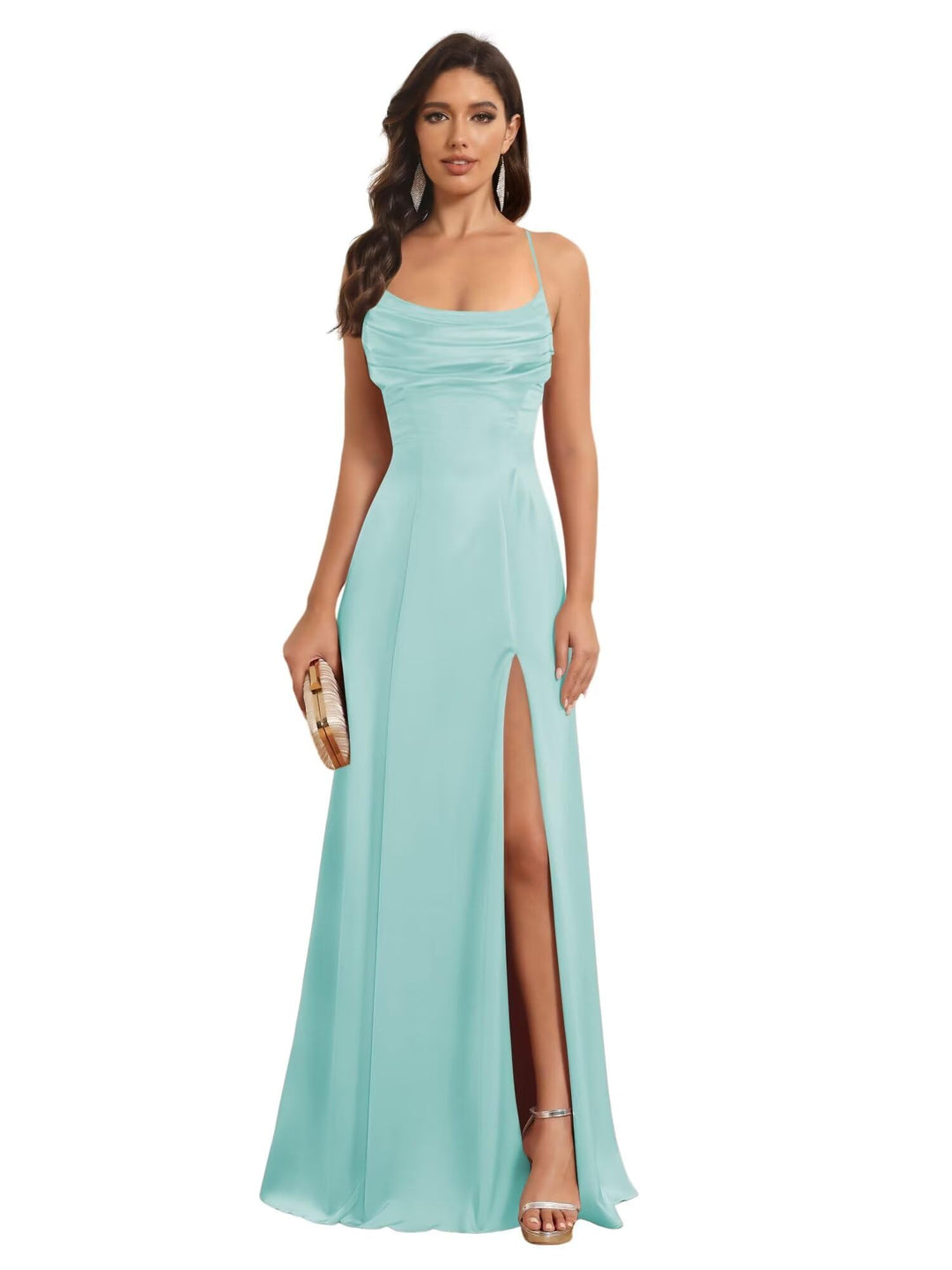 Ligne A Bretelles Spaghetti Sans Manches Floor Length Robes de Demoiselle d'Honneur Satin avec Split Slide