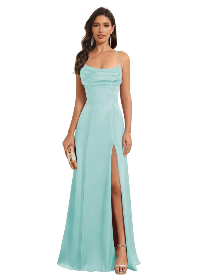 Ligne A Bretelles Spaghetti Sans Manches Floor Length Robes de Demoiselle d'Honneur Satin avec Split Slide