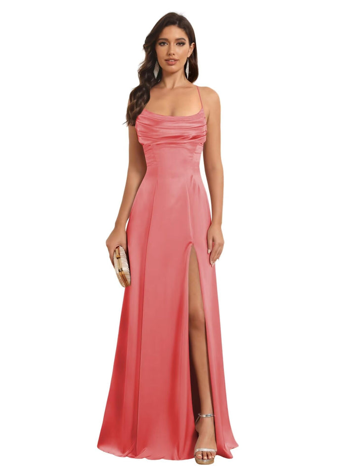 Ligne A Bretelles Spaghetti Sans Manches Floor Length Robes de Demoiselle d'Honneur Satin avec Split Slide