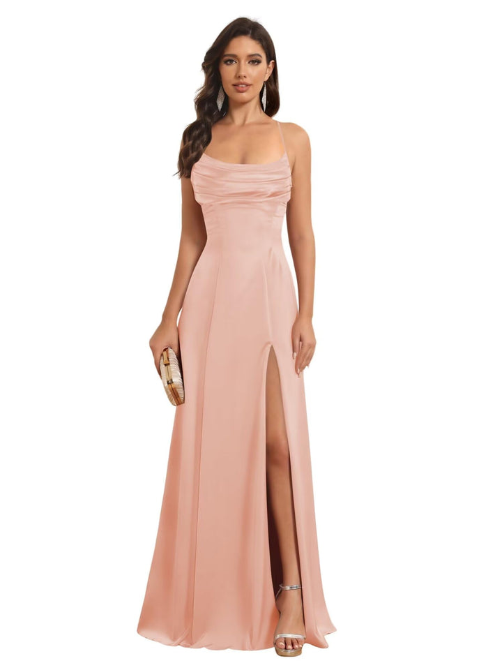 Ligne A Bretelles Spaghetti Sans Manches Floor Length Robes de Demoiselle d'Honneur Satin avec Split Slide