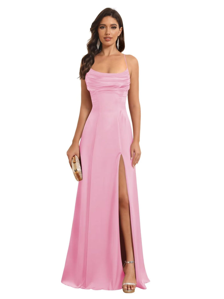 Ligne A Bretelles Spaghetti Sans Manches Floor Length Robes de Demoiselle d'Honneur Satin avec Split Slide