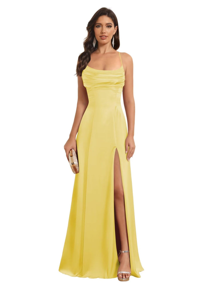 Ligne A Bretelles Spaghetti Sans Manches Floor Length Robes de Demoiselle d'Honneur Satin avec Split Slide