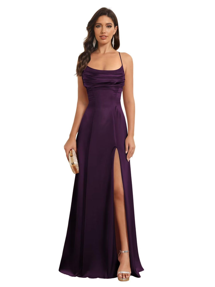 Ligne A Bretelles Spaghetti Sans Manches Floor Length Robes de Demoiselle d'Honneur Satin avec Split Slide