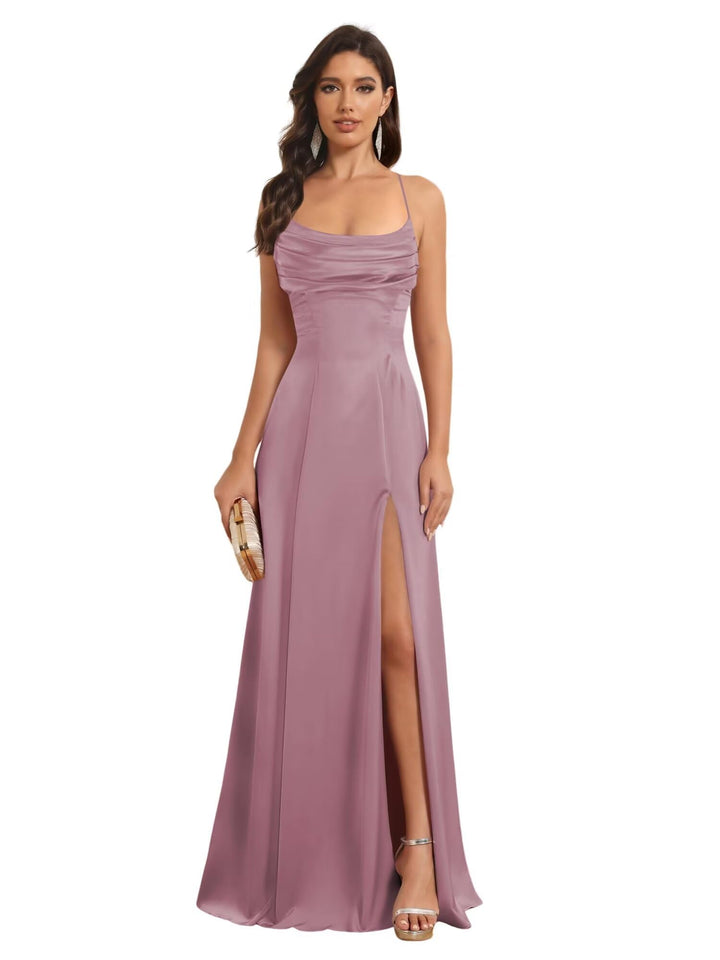 Ligne A Bretelles Spaghetti Sans Manches Floor Length Robes de Demoiselle d'Honneur Satin avec Split Slide
