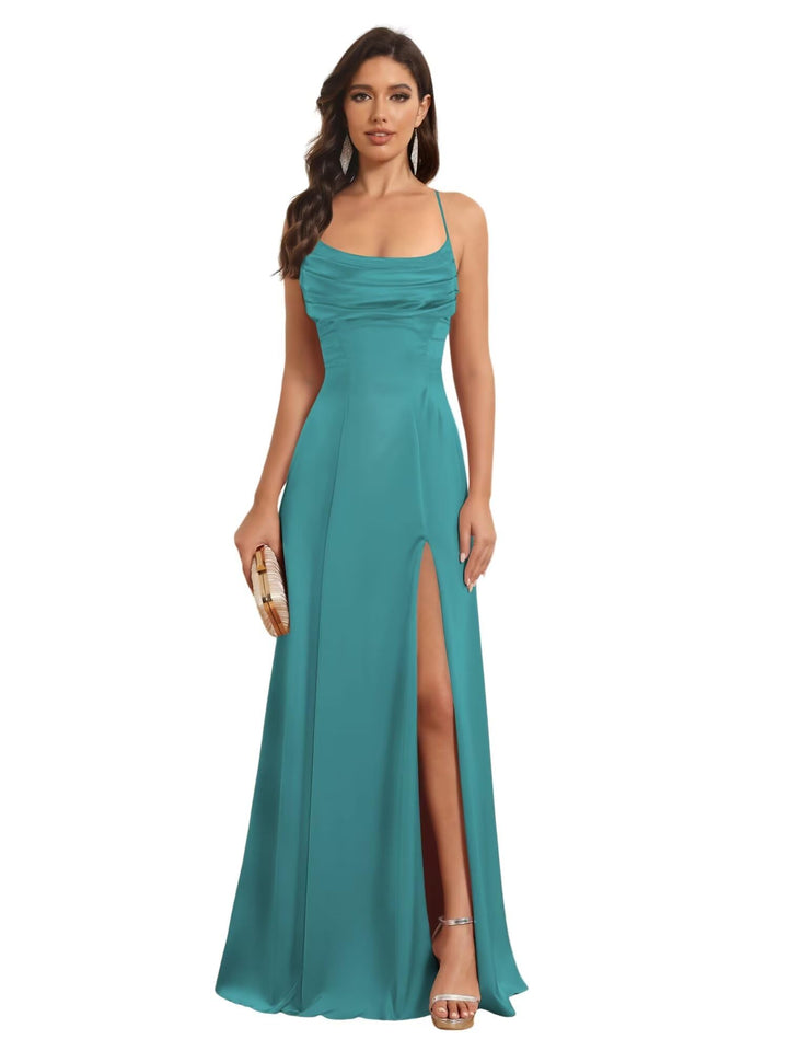 Ligne A Bretelles Spaghetti Sans Manches Floor Length Robes de Demoiselle d'Honneur Satin avec Split Slide