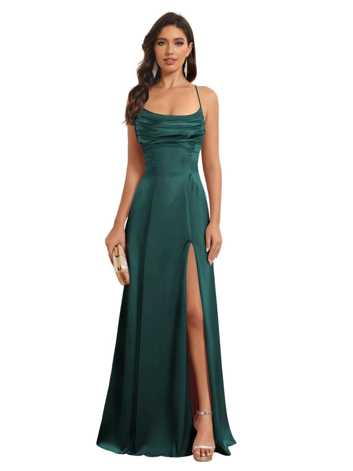 Ligne A Bretelles Spaghetti Sans Manches Floor Length Robes de Demoiselle d'Honneur Satin avec Split Slide