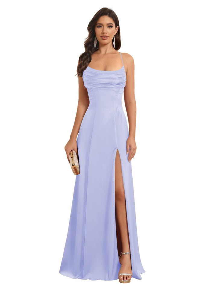 Ligne A Bretelles Spaghetti Sans Manches Floor Length Robes de Demoiselle d'Honneur Satin avec Split Slide