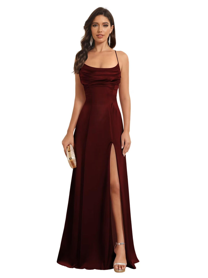 Ligne A Bretelles Spaghetti Sans Manches Floor Length Robes de Demoiselle d'Honneur Satin avec Split Slide