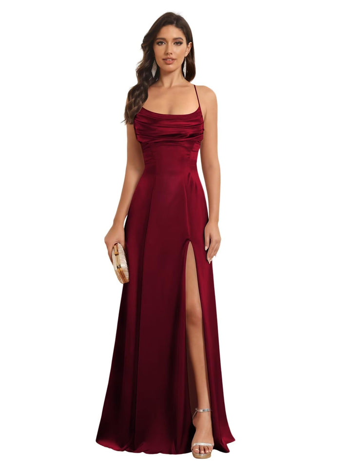 Ligne A Bretelles Spaghetti Sans Manches Floor Length Robes de Demoiselle d'Honneur Satin avec Split Slide