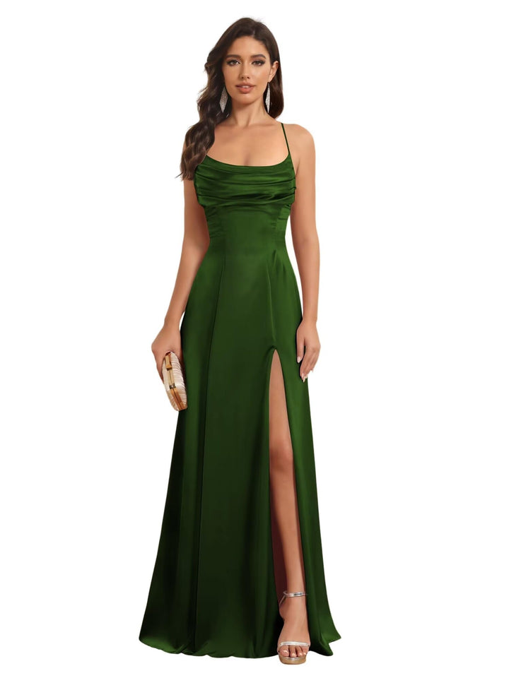Ligne A Bretelles Spaghetti Sans Manches Floor Length Robes de Demoiselle d'Honneur Satin avec Split Slide