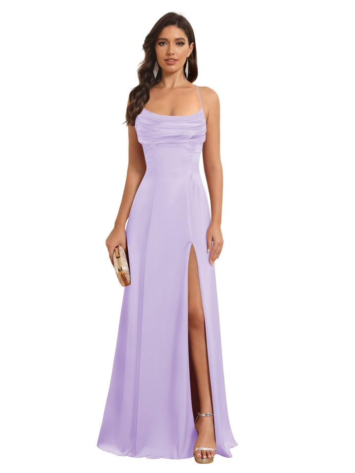 Ligne A Bretelles Spaghetti Sans Manches Floor Length Robes de Demoiselle d'Honneur Satin avec Split Slide