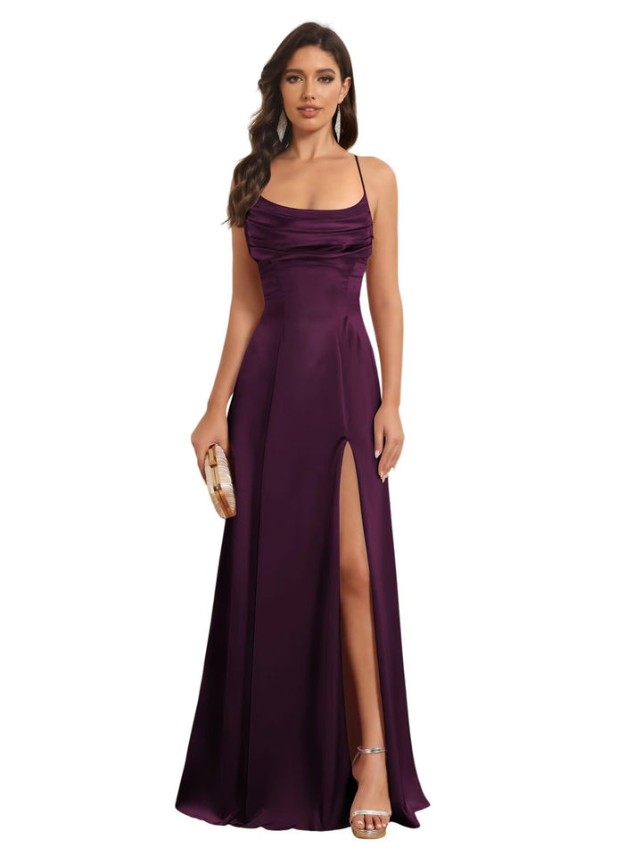 Ligne A Bretelles Spaghetti Sans Manches Floor Length Robes de Demoiselle d'Honneur Satin avec Split Slide