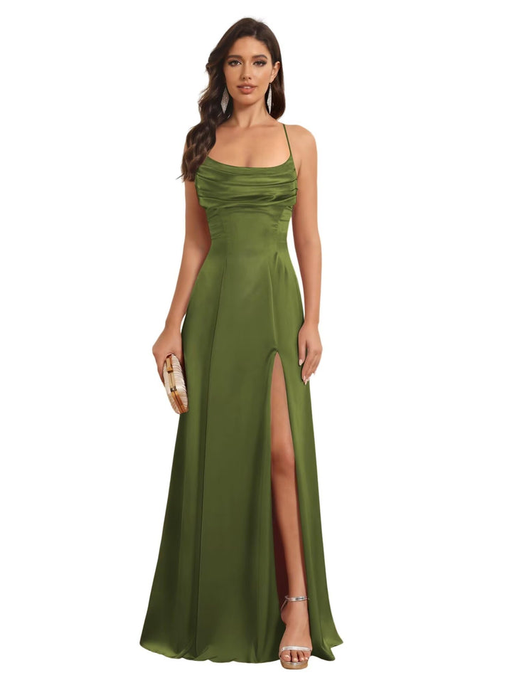 Ligne A Bretelles Spaghetti Sans Manches Floor Length Robes de Demoiselle d'Honneur Satin avec Split Slide