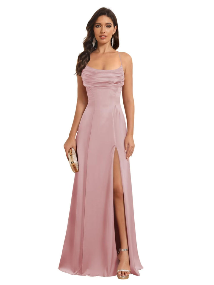 Ligne A Bretelles Spaghetti Sans Manches Floor Length Robes de Demoiselle d'Honneur Satin avec Split Slide