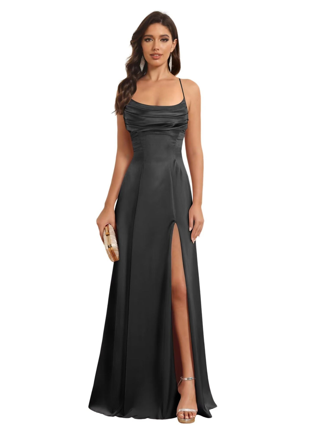 Ligne A Bretelles Spaghetti Sans Manches Floor Length Robes de Demoiselle d'Honneur Satin avec Split Slide