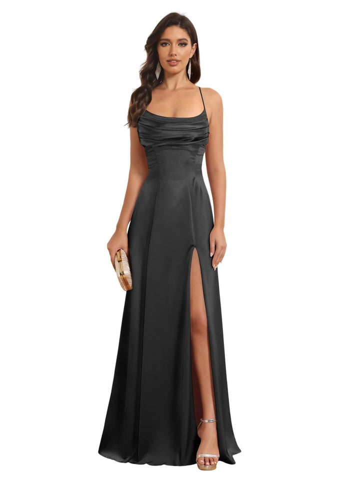 Ligne A Bretelles Spaghetti Sans Manches Floor Length Robes de Demoiselle d'Honneur Satin avec Split Slide