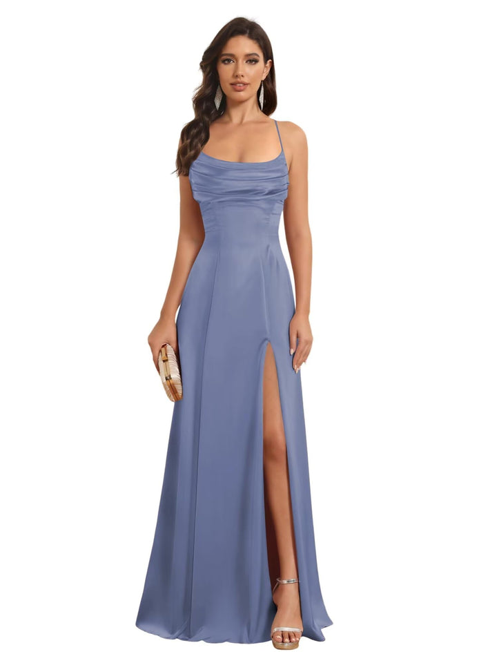 Ligne A Bretelles Spaghetti Sans Manches Floor Length Robes de Demoiselle d'Honneur Satin avec Split Slide