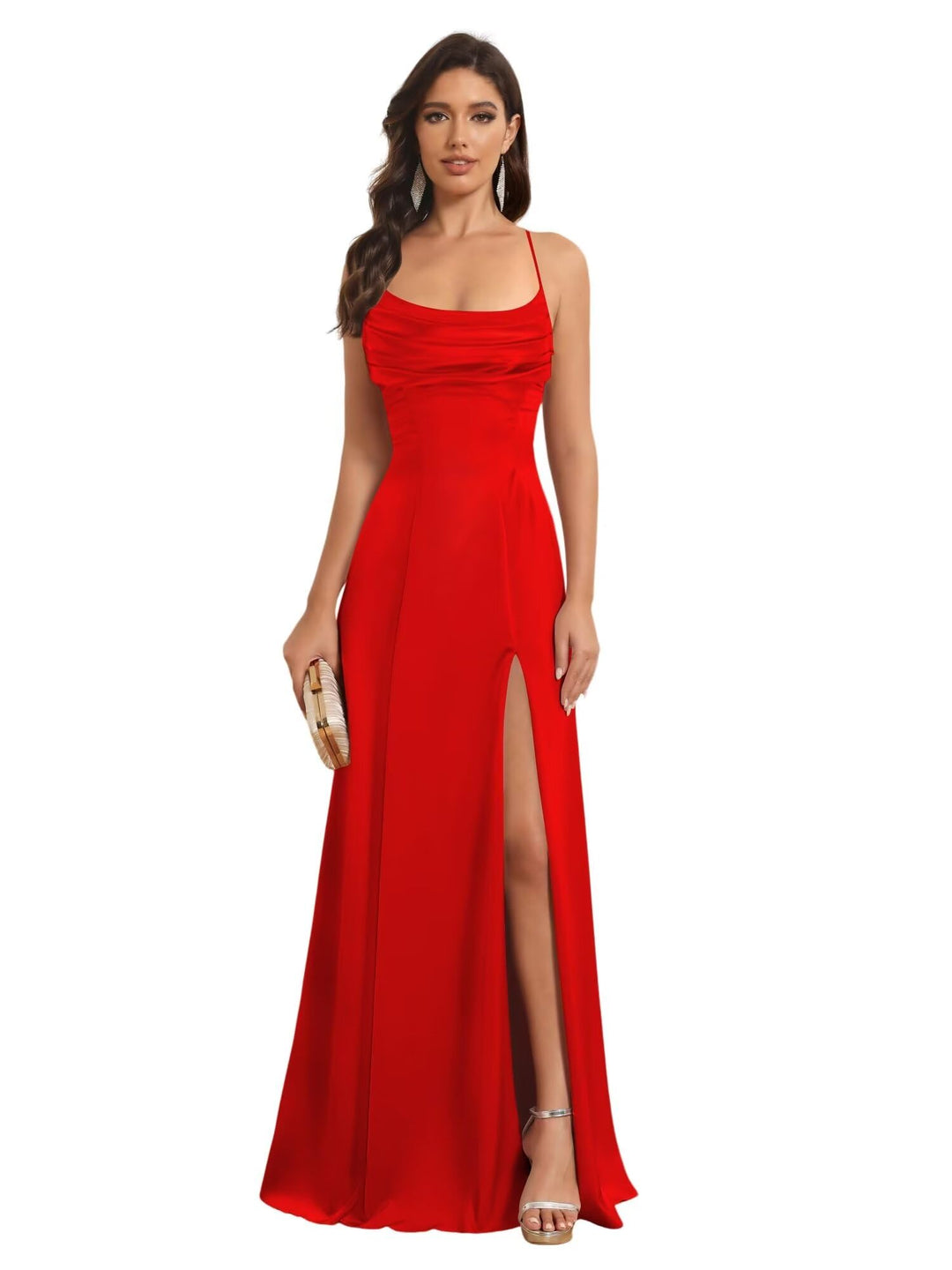 Ligne A Bretelles Spaghetti Sans Manches Floor Length Robes de Demoiselle d'Honneur Satin avec Split Slide