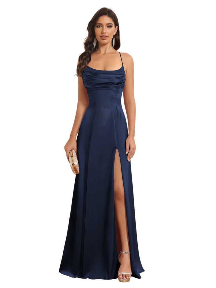 Ligne A Bretelles Spaghetti Sans Manches Floor Length Robes de Demoiselle d'Honneur Satin avec Split Slide