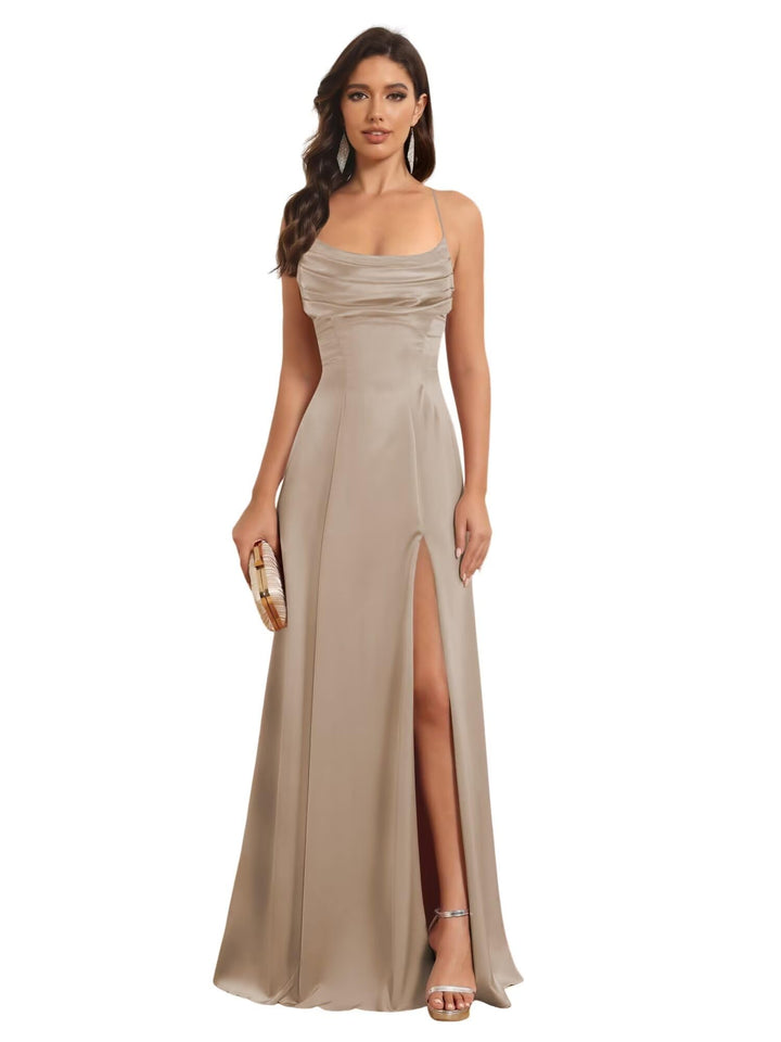 Ligne A Bretelles Spaghetti Sans Manches Floor Length Robes de Demoiselle d'Honneur Satin avec Split Slide