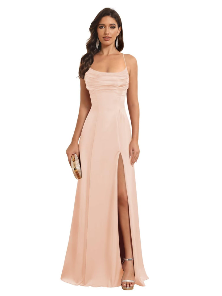 Ligne A Bretelles Spaghetti Sans Manches Floor Length Robes de Demoiselle d'Honneur Satin avec Split Slide