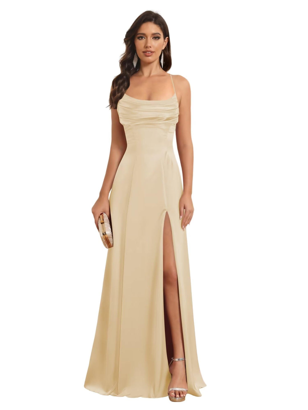 Ligne A Bretelles Spaghetti Sans Manches Floor Length Robes de Demoiselle d'Honneur Satin avec Split Slide