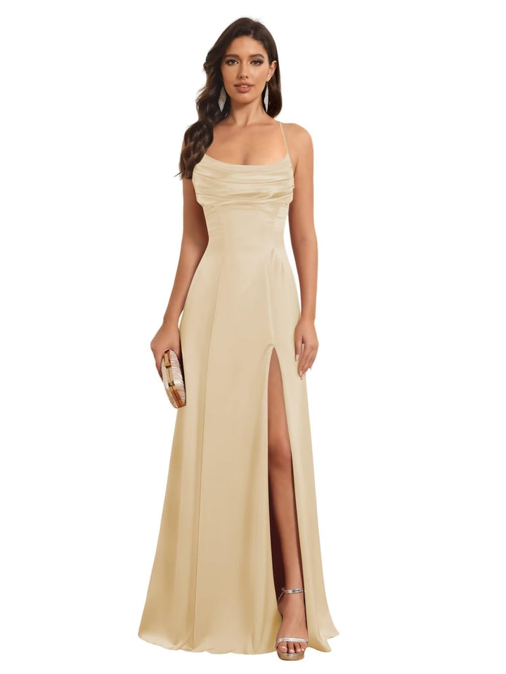 Ligne A Bretelles Spaghetti Sans Manches Floor Length Robes de Demoiselle d'Honneur Satin avec Split Slide
