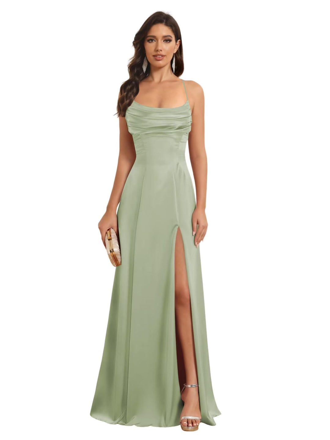 Ligne A Bretelles Spaghetti Sans Manches Floor Length Robes de Demoiselle d'Honneur Satin avec Split Slide
