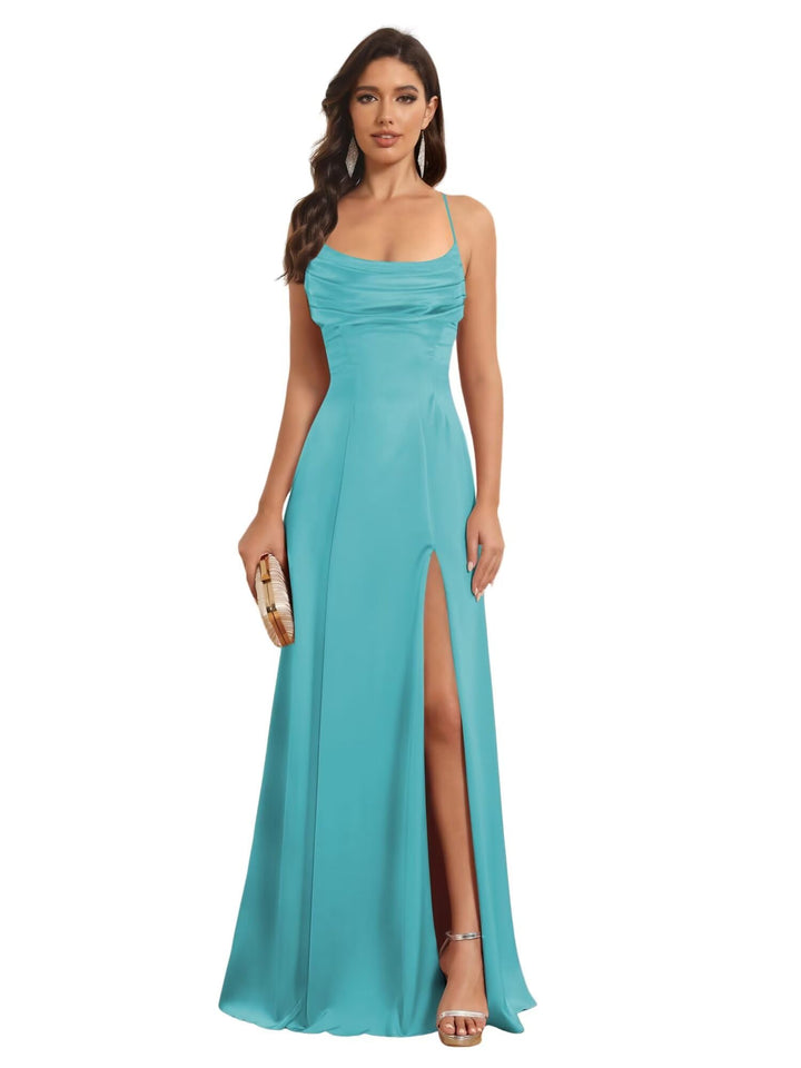 Ligne A Bretelles Spaghetti Sans Manches Floor Length Robes de Demoiselle d'Honneur Satin avec Split Slide
