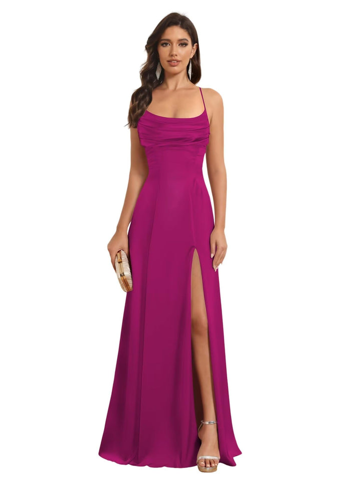 Ligne A Bretelles Spaghetti Sans Manches Floor Length Robes de Demoiselle d'Honneur Satin avec Split Slide