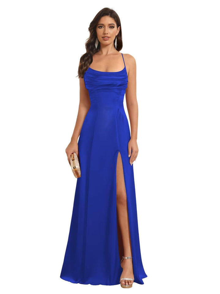 Ligne A Bretelles Spaghetti Sans Manches Floor Length Robes de Demoiselle d'Honneur Satin avec Split Slide