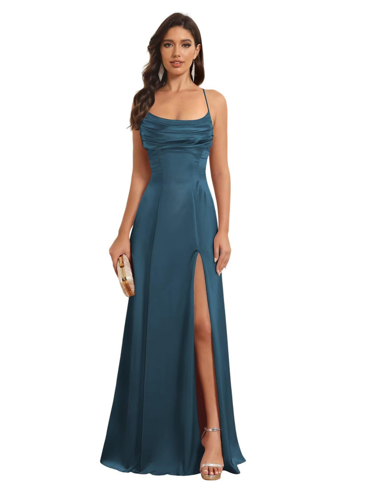 Ligne A Bretelles Spaghetti Sans Manches Floor Length Robes de Demoiselle d'Honneur Satin avec Split Slide
