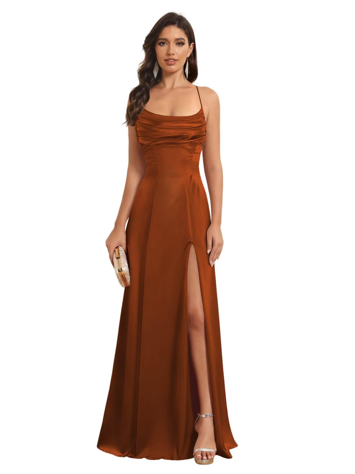 Ligne A Bretelles Spaghetti Sans Manches Floor Length Robes de Demoiselle d'Honneur Satin avec Split Slide
