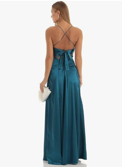 Ligne A Bretelles Spaghetti Sans Manches Floor Length Robes de Demoiselle d'Honneur Satin avec Split Slide