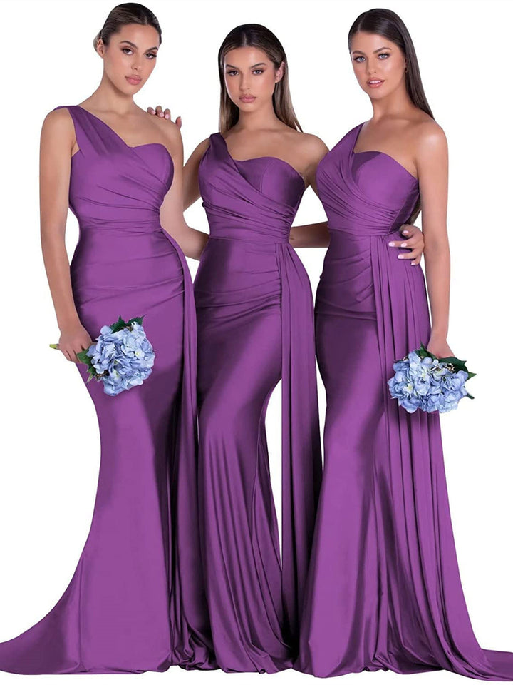 Sirène/Trompette Satin Une Épaule Sans Manches La Longueur du Sol Robes de Demoiselle d'Honneur