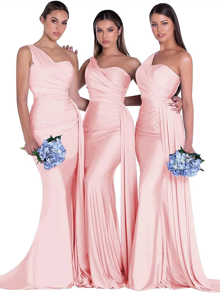 Sirène/Trompette Satin Une Épaule Sans Manches La Longueur du Sol Robes de Demoiselle d'Honneur
