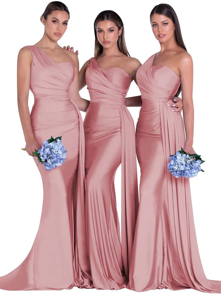 Sirène/Trompette Satin Une Épaule Sans Manches La Longueur du Sol Robes de Demoiselle d'Honneur