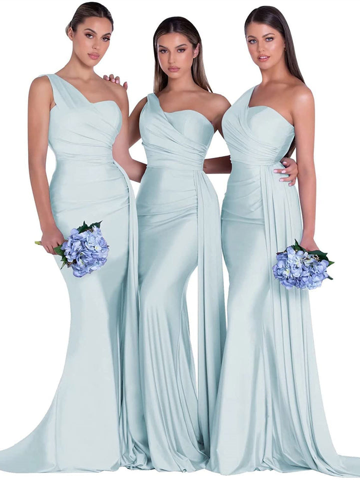 Sirène/Trompette Satin Une Épaule Sans Manches La Longueur du Sol Robes de Demoiselle d'Honneur