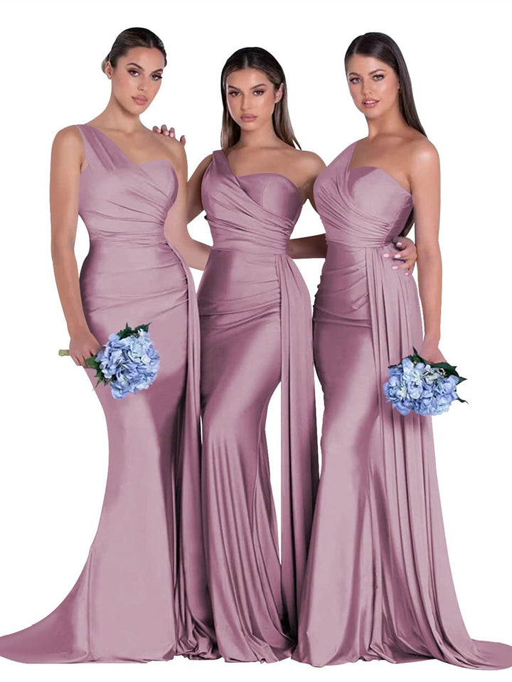 Sirène/Trompette Satin Une Épaule Sans Manches La Longueur du Sol Robes de Demoiselle d'Honneur