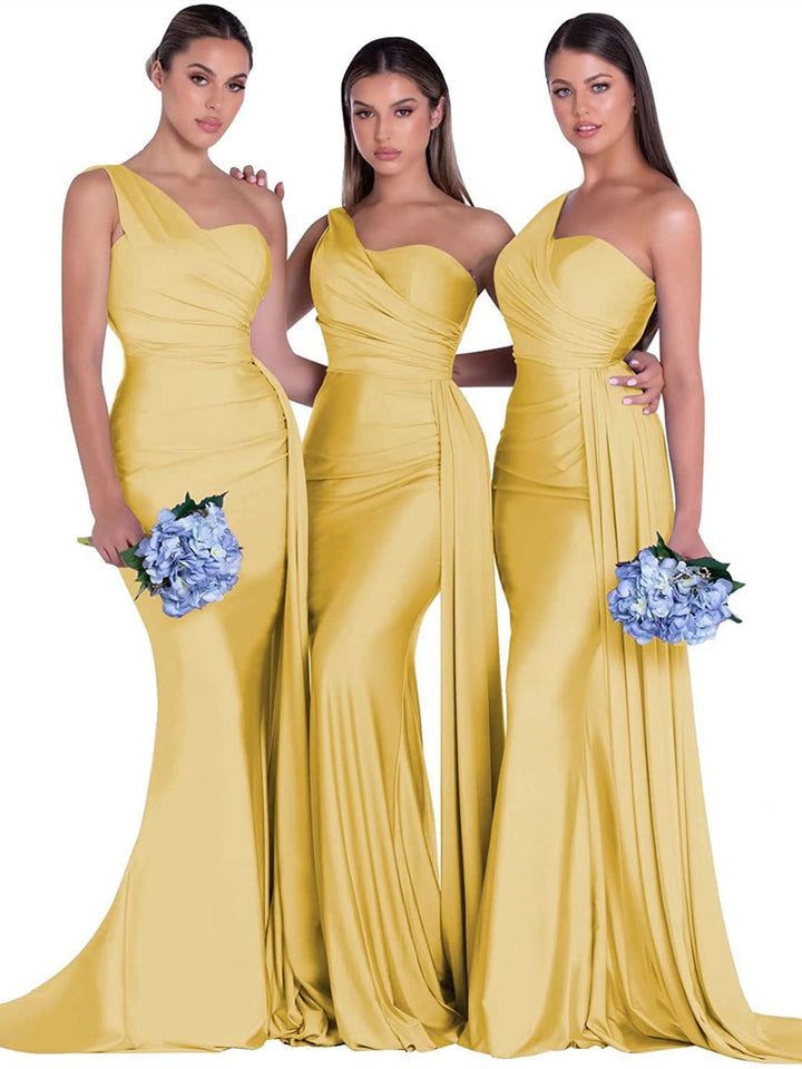 Sirène/Trompette Satin Une Épaule Sans Manches La Longueur du Sol Robes de Demoiselle d'Honneur