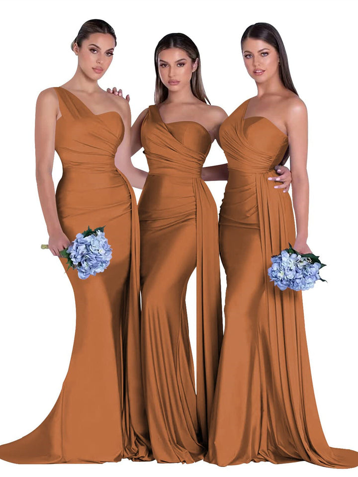 Sirène/Trompette Satin Une Épaule Sans Manches La Longueur du Sol Robes de Demoiselle d'Honneur